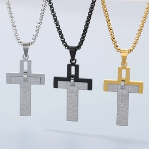 Three-color stainless steel cross pendant necklaces with engraved scripture details