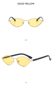 Front and side views of gold-yellow polygon metal sunglasses with black temples