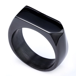 Minimalist black stainless steel signet ring with irregular square top and polished finish