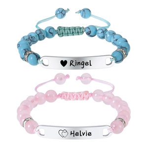 Bracelet Perles En Pierre Naturelle Plaque De Nom En Métal Cordon Tressé Réglable Détail De Coeur Bijoux Enfant Accessoire Mode