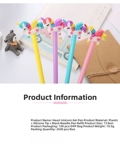Detailed specifications of the heart unicorn gel pen with pastel plastic barrels and silicone heads