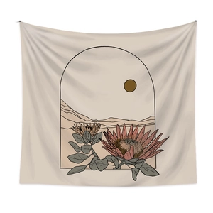Nordic Morandi tapestry with bohemian mountain and sun minimalist line art prints