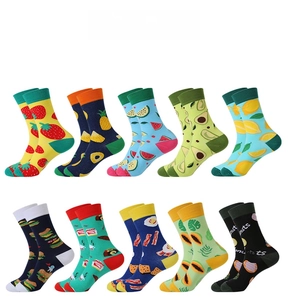 Detail showing 10-pack crew socks with colorful fruit and fast food patterns on white base