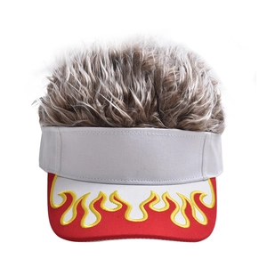 Detail of white baseball cap with flame embroidery and synthetic wig hair for parties