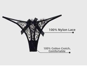 Detailed flat lay of black lace thong with ribbon bow and soft cotton crotch lining