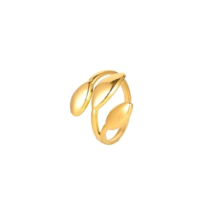 Polished gold plated stainless steel open ring featuring a triple leaf wrap design