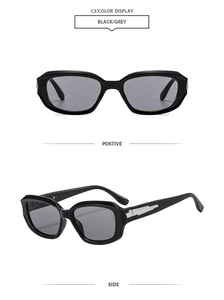 Front and side views of stylish black square frame sunglasses with grey lenses