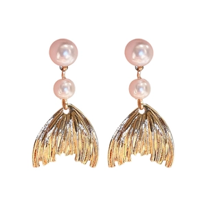Elegant fishtail drop earrings with pink pearls and gold metal finish for women
