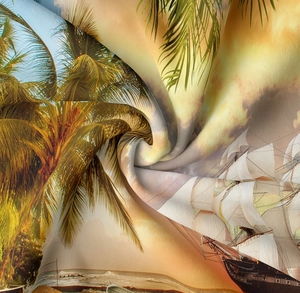 Detail eines Wandteppichs mit tropischem Strand, Sonnenuntergang und nautischem Segelschiff