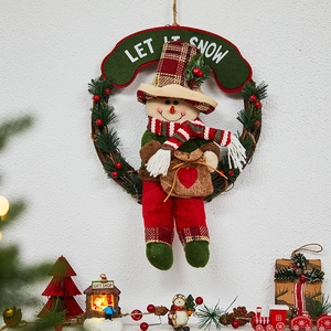 Christmas wreath with snowman and Let It Snow sign on white wall decoration