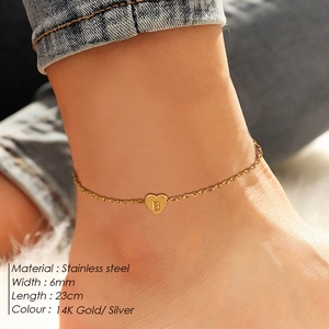 Golden heart charm anklet in stainless steel with letter B engraving for women