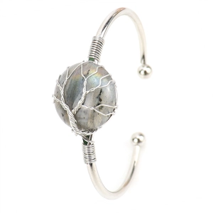 Detailed view of handmade silver wire wrapped Labradorite tree of life bangle bracelet