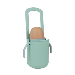 Detail of mint green silicone cup holder with handles for baby strollers and bottles
