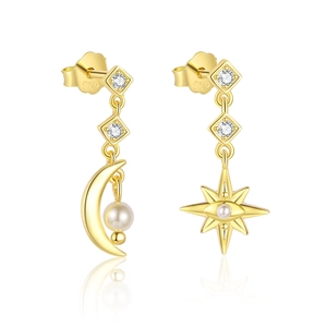 Asymmetric S925 silver moon and star tassel earrings with pearls and cubic zirconia