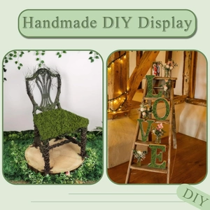DIY display of artificial silk moss on an artistic chair and LOVE letters with warm lights