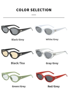 Cat-eye sunglasses color selection in black, white, gray, green and red frames