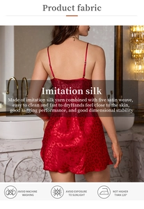 Detail showing red leopard print imitation silk slip dress with delicate thin straps