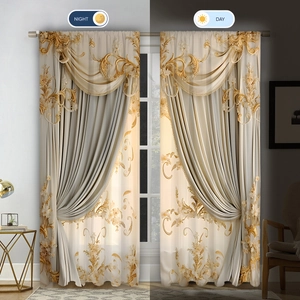 Comparison of floral curtains in day and night lighting within a living room