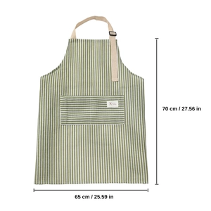 Detailed dimension view of green striped waterproof kitchen apron showing 65x70cm size