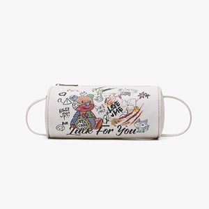 Cartoon graffiti cylinder Boston bag in white faux leather with colorful bear patterns