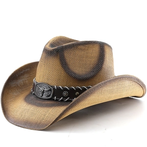 Cappello da cowboy in paglia stile western con fibbia a testa di toro e cinturino in pelle