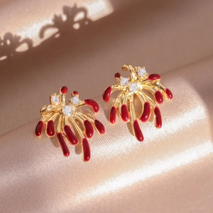 18k gold plated firework stud earrings with red enamel and cubic zirconia accents