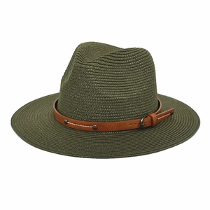 Detail of dark green straw fedora hat featuring brown faux leather band and metal buckle