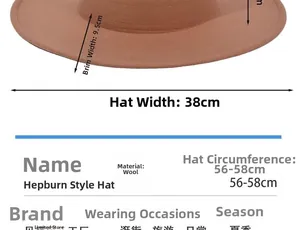 Detail view showing dimensions of a wide brim wool felt fedora with 9.5cm brim width