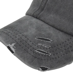 Distressed dark gray ponytail baseball cap in washed cotton with vintage ripped details
