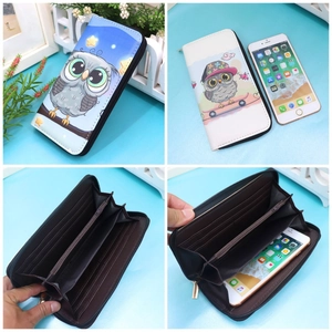 Detail view of cartoon owl printed long PU leather wallet with multi-card slots and coin pocket