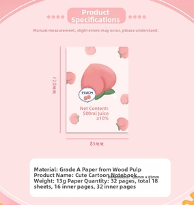 Detailed view of portable peach cartoon notebook with size 120x85mm and 32 paper pages