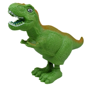 Detailed view of a green wind-up dinosaur toy with scaly texture and roaring pose