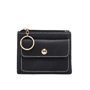Minimalist black PU leather coin purse with front buckle pocket and gold keychain ring