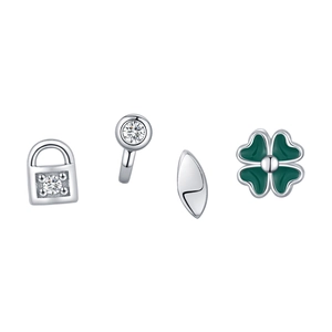 S925 sterling silver earring set with lucky four-leaf clover, diamond lock, and round stud