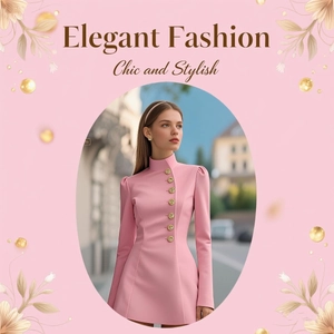 Close-up of pink long-sleeved slim-fit dress featuring elegant gold buttons and stand collar