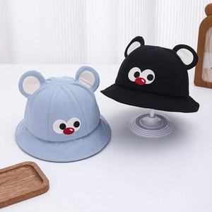 Cute baby sun hats with cartoon eye embroidery and 3D ears in blue and black colors