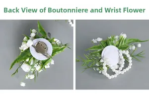 Detail of boutonniere metal clip and bridal wrist corsage with elastic pearl beads