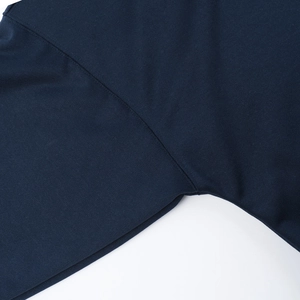 Macro shot of navy blue sweatshirt seam with high-quality knit fabric texture details