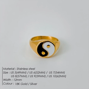 18K gold plated Yin Yang stainless steel signet ring with black white enamel inlay.