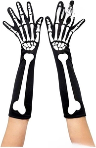 Long black Halloween gloves with white skeletal bone print and shiny elastic fabric