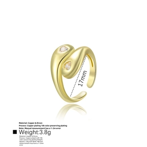 Detail of 18k gold plated snake ring showing 17mm inner diameter and heart zircon