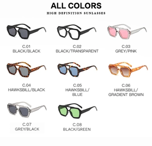 Detailed color palette of oversized irregular double-bridge sunglasses in eight trendy options