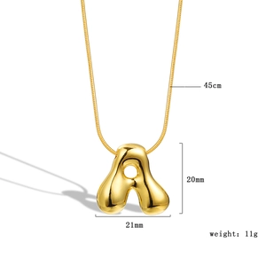 Detailed view of gold puff letter A pendant with 45cm chain and size measurements