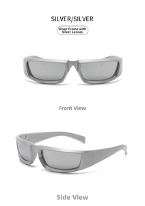Close-up of silver futuristic Y2K sunglasses with metallic frames and mirrored lenses