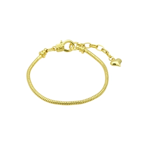Golden snake chain bracelet with heart pendant and lobster clasp on white background