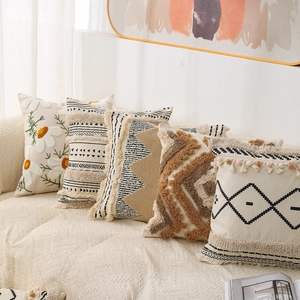 Bohemian tufted throw pillow covers with geometric embroidery and fringe tassels