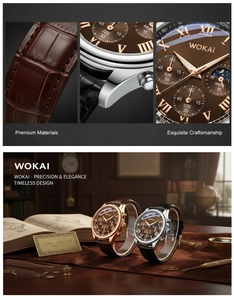 Close-up detail of brown leather strap stitching and rose gold case on chronograph watch
