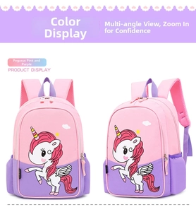 Close-up of pink unicorn backpack for toddlers featuring waterproof fabric and side mesh pocket