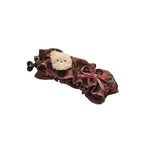 Pince à cheveux banane à carreaux marron avec tête d'ours peluche et nœud rouge