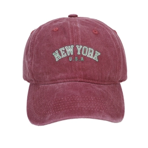 Vintage burgundy washed cotton baseball cap with New York USA embroidery for sun protection